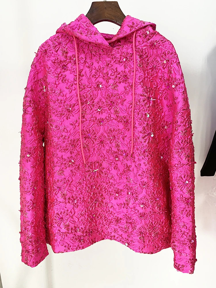 HIGH STREET est 2025 F/W Tops Womens Jacquard Beaded Loose Hooded Hoodie 250725