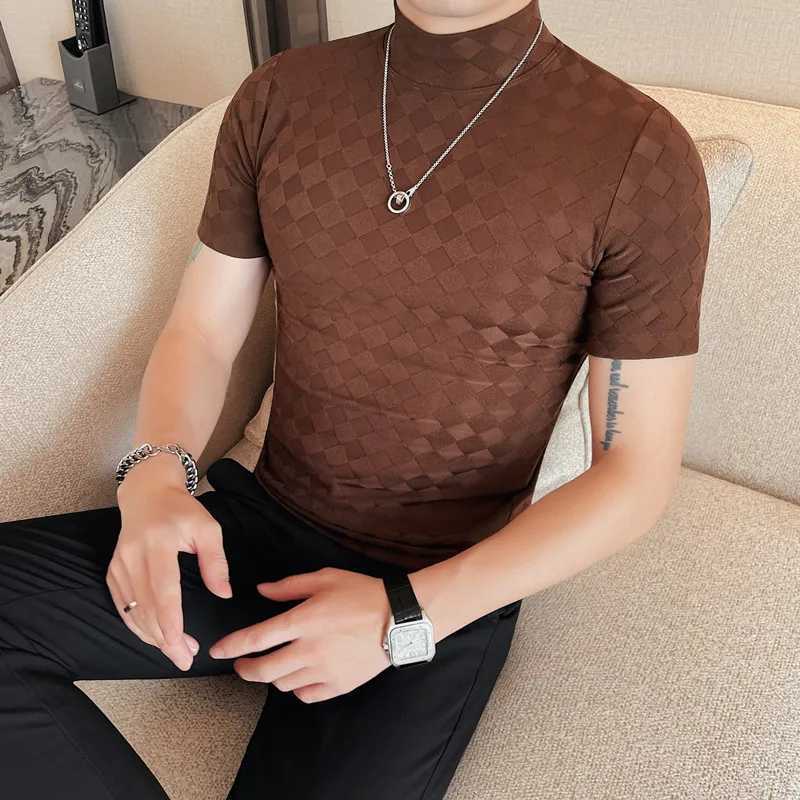 Summer Plaid T-Shirts For Men Fashion Clean Fit Short Sleeve Mens Casual T Shirt All Match Breathable High Collar Turtleneck Z250725