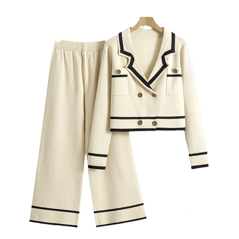 Two Piece Set Muslim Women Knitting Suit Sweater Cardigan Wide Leg Pants Pockets Buttons Outfits Dubai Morocco Casual Ensemble 250725