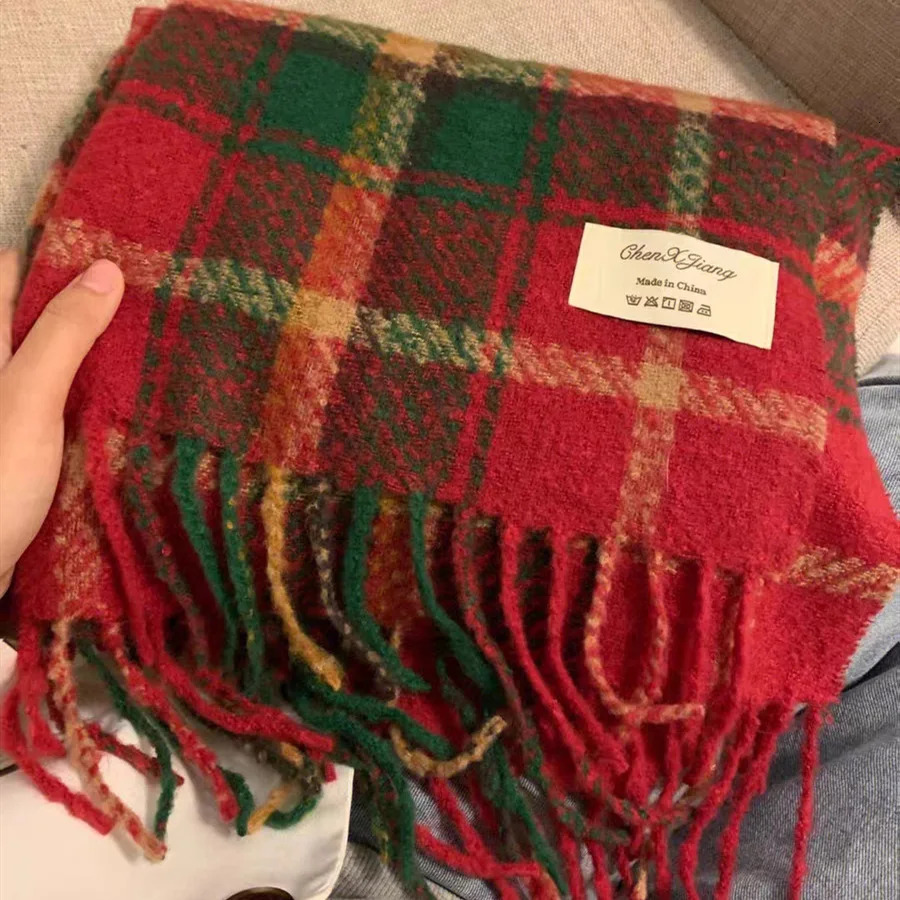 Winter Cashmere Warm Scarf for Women Double-sided Pashmina Thickened Green Scarf Christmas Year Gift Shawl 250724