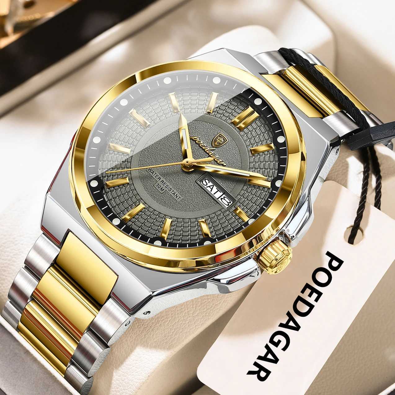 POEDAGAR Luxury Mens Wristwatch Stainless Steel Date Week Man Watch Waterproof Luminous Business Fashion Quartz Watches For Men X2507264