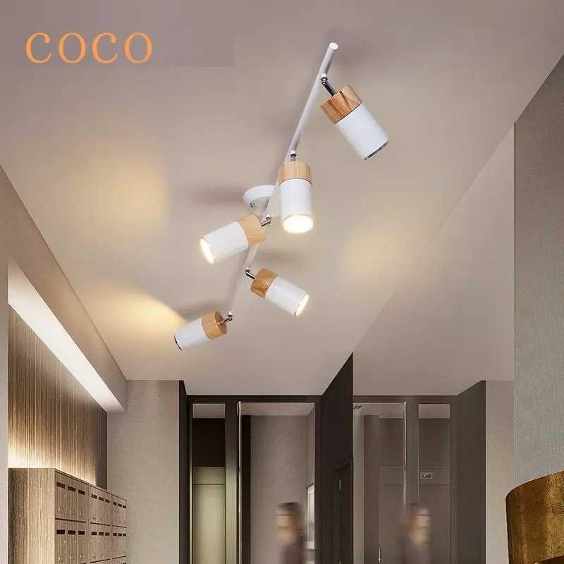 Nordic LED Wood Chandeliers with Track Spotlights for Living Room Bedroom Corridor Lights Black White Decor Lighting Fixtures XJ250725