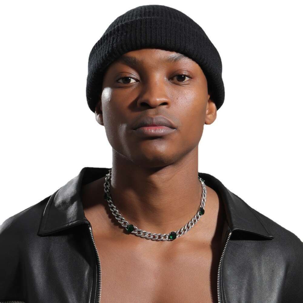 Hip Hop Emerald Oval High-end Exquisite 9mm Zircon Cuban Chain Necklace Men's Cool Jewelry