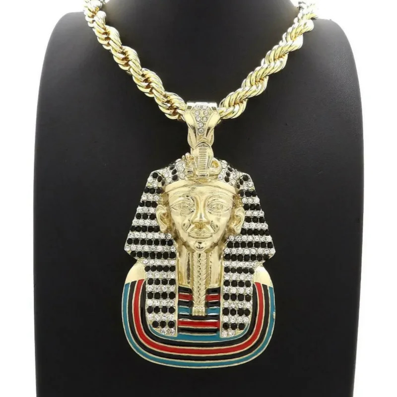 Egyptian Iced Out Bling Pharaoh Pendant Necklace Inlay White Zircon Gold Color Stainless Steel Necklace For Men Egyptian Jewelry 250724