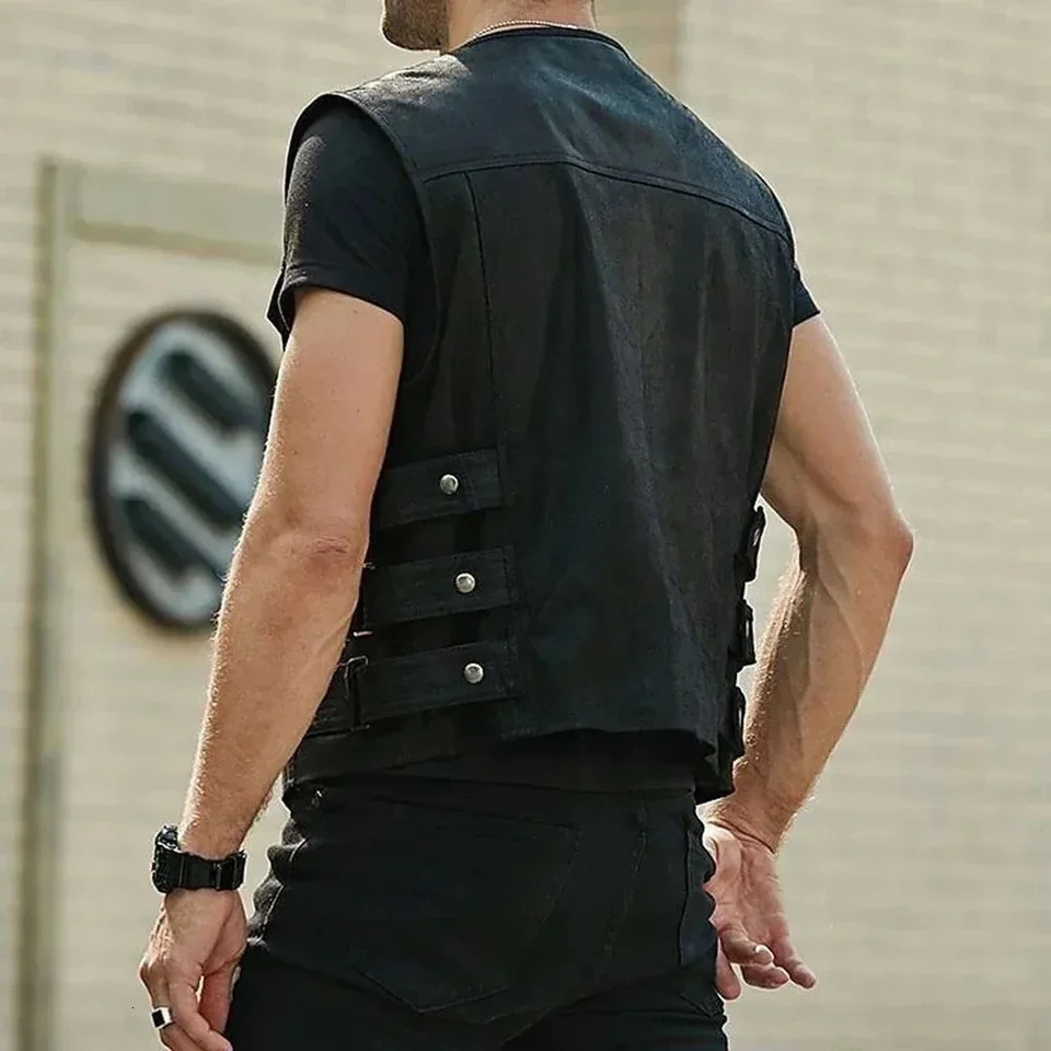 Fashion Biker Faux Leather Vest Coat Waistcoat Mens Motorcycle Solid Color Pocket Zip Up Man Tops Streetwear 250725