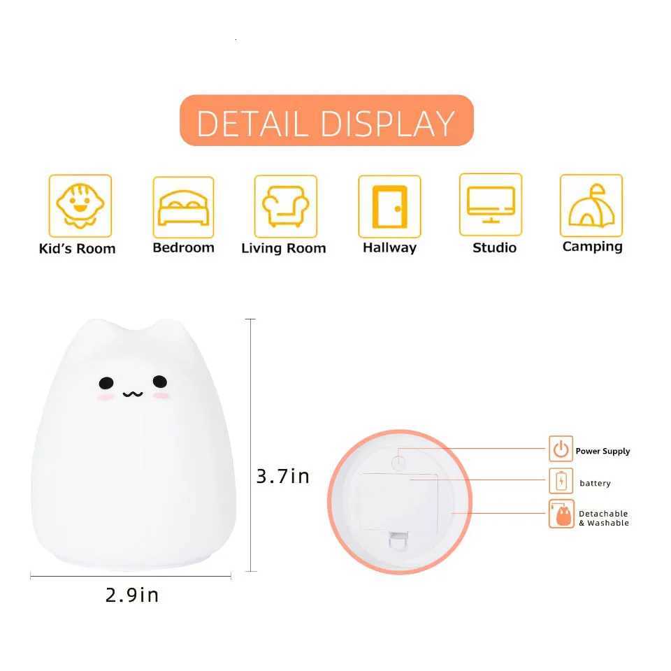 Mini Kawaii Popular Cat Baby Night Lamp 7-color Touch Pat Color-changing Eye Protection Bedroom Bedside Nightlight Gift for Children XJ250725