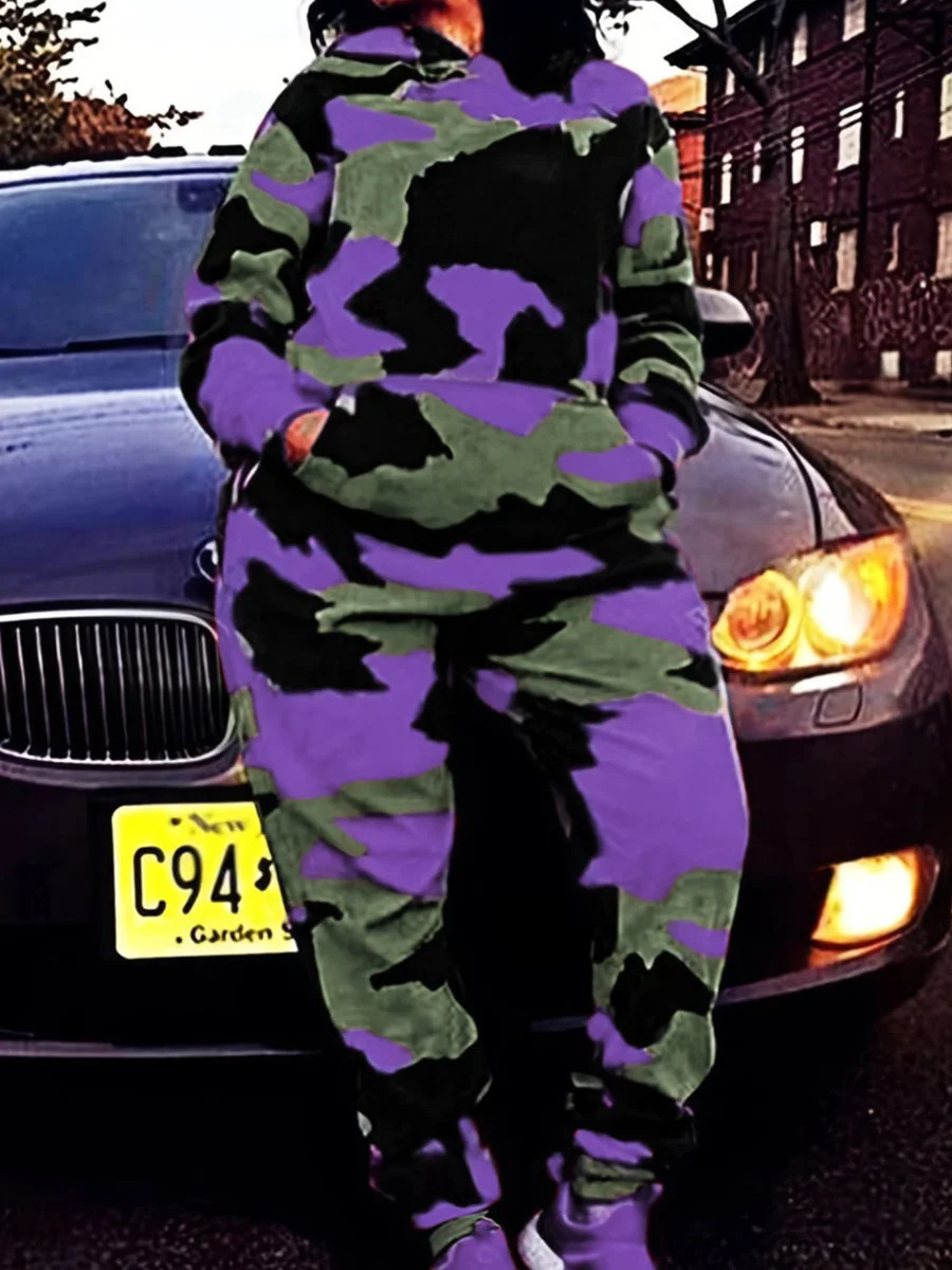 LW Plus Size Fashion Basic Women Autumn Winter Long Sleeve Hooded Collar Camo Print Kangaroo Pocket Tracksuit Sportswear Set 250717