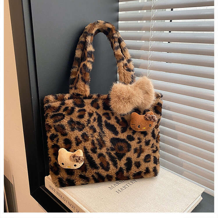 Furry Leopard Print Handbag Winter Cute Plush Black Leather Kt Cat Girl Y2k Commuter Bag