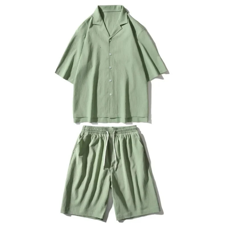 Summer TwoPiece Mens Sets Shirt and Shorts Casual Outfits Oversized Short Suit Plain Clothes Clean Fit Black White Green 250724
