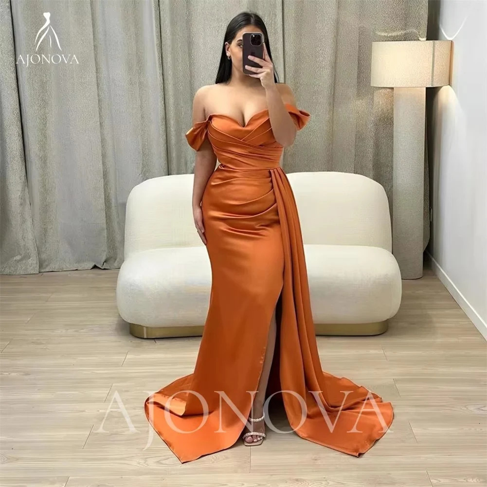 IOOISUN Customized Orange Satin Bridesmaid Dress Off the Shoulder Wedding Party Gown Side Split Fomal Evening Dresses 250725