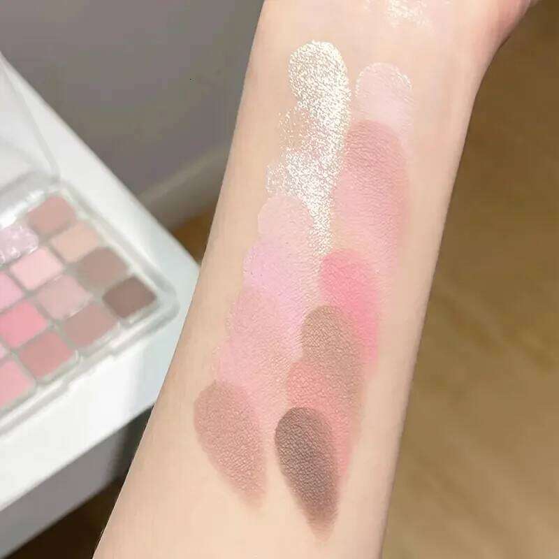 16-color Korean palette - matte, shiny and berry tones, nude pink brown, vibrant high-gloss eyeshadow with sequins