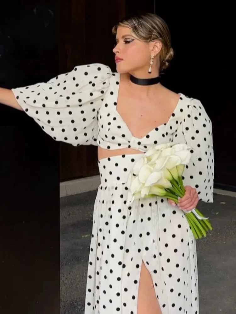 Polka Dot Print Split Pleated Long Skirt Set Women Casual V-neck Lace Up Puff Sleeve Short Tops Suit Summer Lady Party Outfit 250725