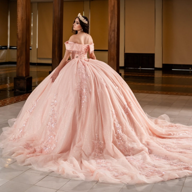 Light Pink Shiny Quinceanera Dresses Ball Gown Off The Shoulder Sequin Applique Beading Tull Party Birthday Sweet 16 Dress Vestidos 15 Anos