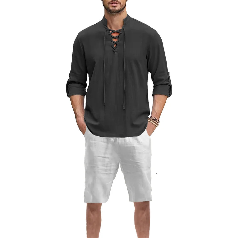 Mens Vintage Lace Up Vneck Shirt Suit Casual Solid Color Breathable Lightweight Fashion Summer Sets Male Outfit 250724