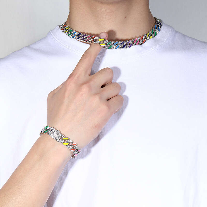 Fashion Trendy Brand Minimalist Hip-Hop Dia Full Oil Drop Cuban Chain Necklace Bracelet Accessories