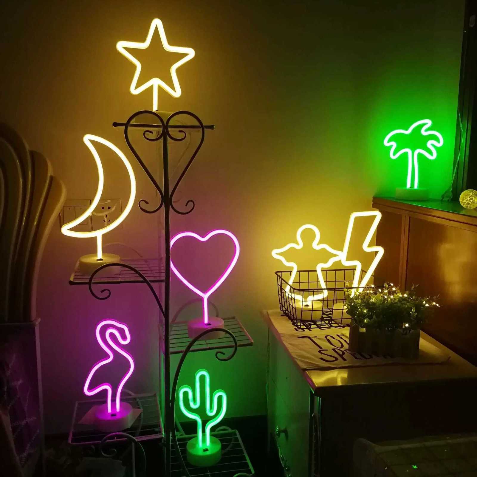 Battery/USB LED Neon Night Light Sign Flamingo Coconut Tree Cactus Table Lamp Kids Birthday Gifts Bedroom Christmas Art Decor XJ250725