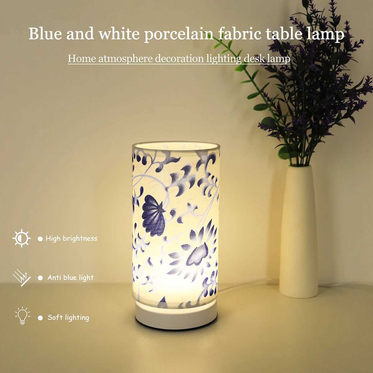 Modern fabric blue and white porcelain desk lamp home warm lighting desk lamp suitable for bedrooms study rooms. XJ250725