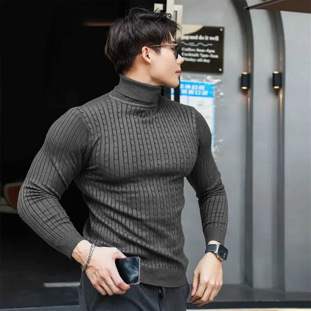 New Mens Turtleneck Sweaters Autumn Knitted Striped Streetwear Warm Long Sleeved Pullover Solid Color Basic Style Casual Tops Z250725