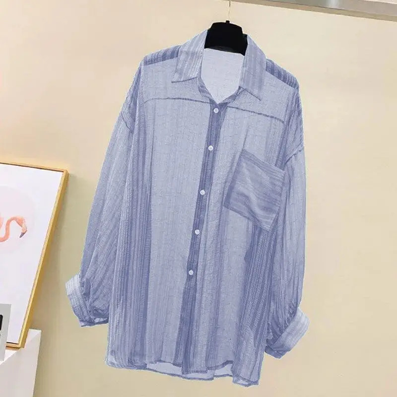 Summer Sunscreen Shirt Elegant Perspective Thin Chiffon Blouse Korean Harajuku See Through Loose Top Casual Womens Cardigan 250717