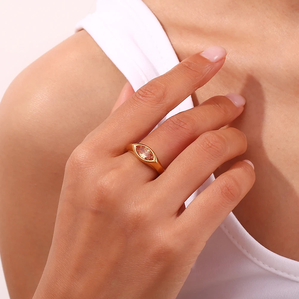 EBbelle Horse Eye Zircon Seal Ring Colorful Hypoallergenic 316L Stainless Steel Decoration 18K Gold Plated Jewelry 250716