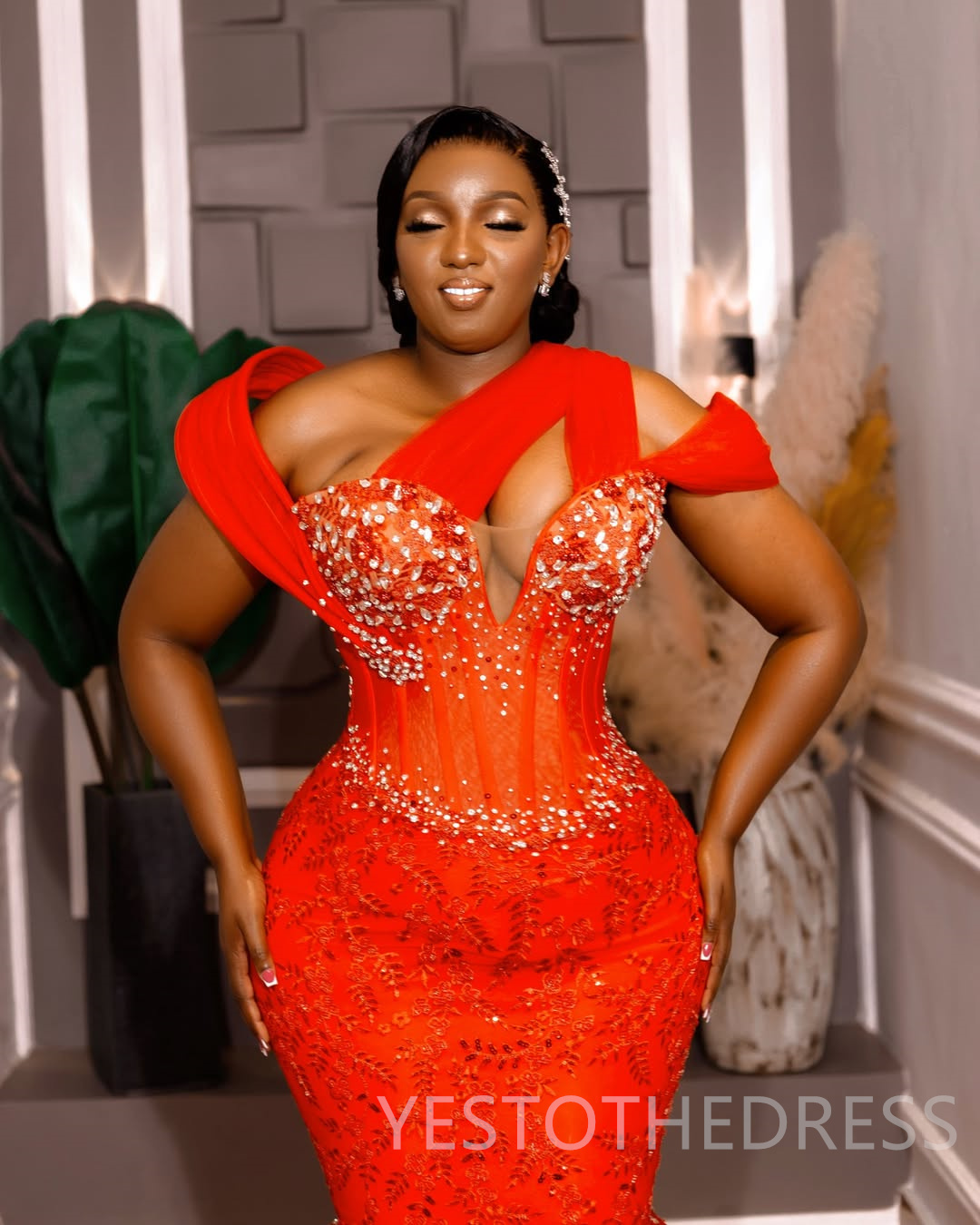 2025 Plus Size Red Prom Dress Evening Dresses Mermaid Formal Gowns For Black Women One Shoulder Pearls Beaded Lace Birthday Dress Second Reception Gow