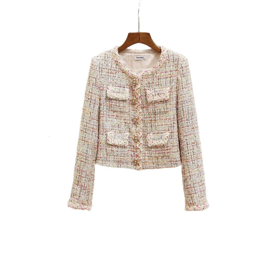 Autumn New High-end French Style Heavy Embellished Diamond Woven Tweed Round Neck Short Jacket for Women