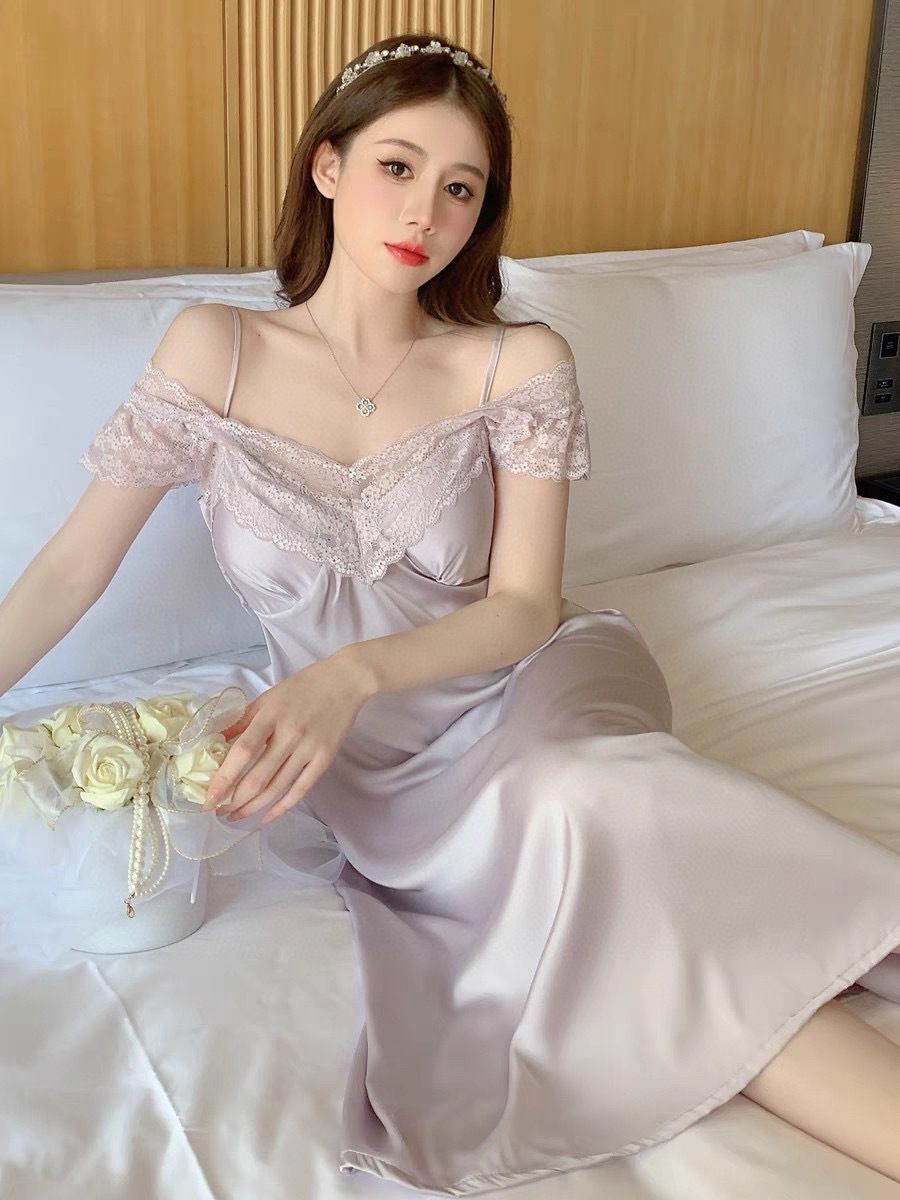 B989-Sexy nightdress with chest pads for women in summer pure desire high-grade lace home clothes thin ice silk long skirt slim