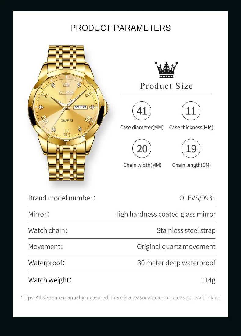 OLEVS New Watch for Men Quartz Waterproof M Wristwatch Gold Stainless Steel Strap High-end Luxury Mens Watch Clock X2507261