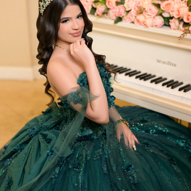 Blackish Green Shiny Quinceanera Dresses Ball Gown Off The Shoulder Sequin Applique Flower Beading Tull Party Birthday Sweet 16 Dress Vestidos 15 Anos