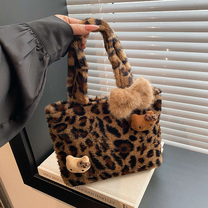 Furry Leopard Print Handbag Winter Cute Plush Black Leather Kt Cat Girl Y2k Commuter Bag