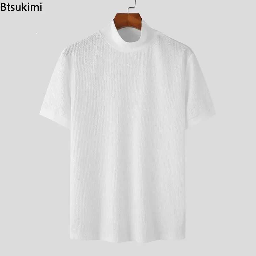 2025 Mens Summer Short Sleeve Ribbed T-Shirt Solid Half Turtleneck Slim Tee Tops Male Casual Basic Tshirt Pullover Shirts Men Z250725