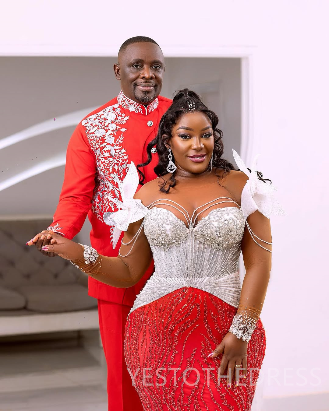 2025 Plus Size Red Prom Dress Evening Dresses Mermaid Formal Gowns For Black Women Sheer Neck Long Sleeves Beaded Lace Birthday Dress Second Reception