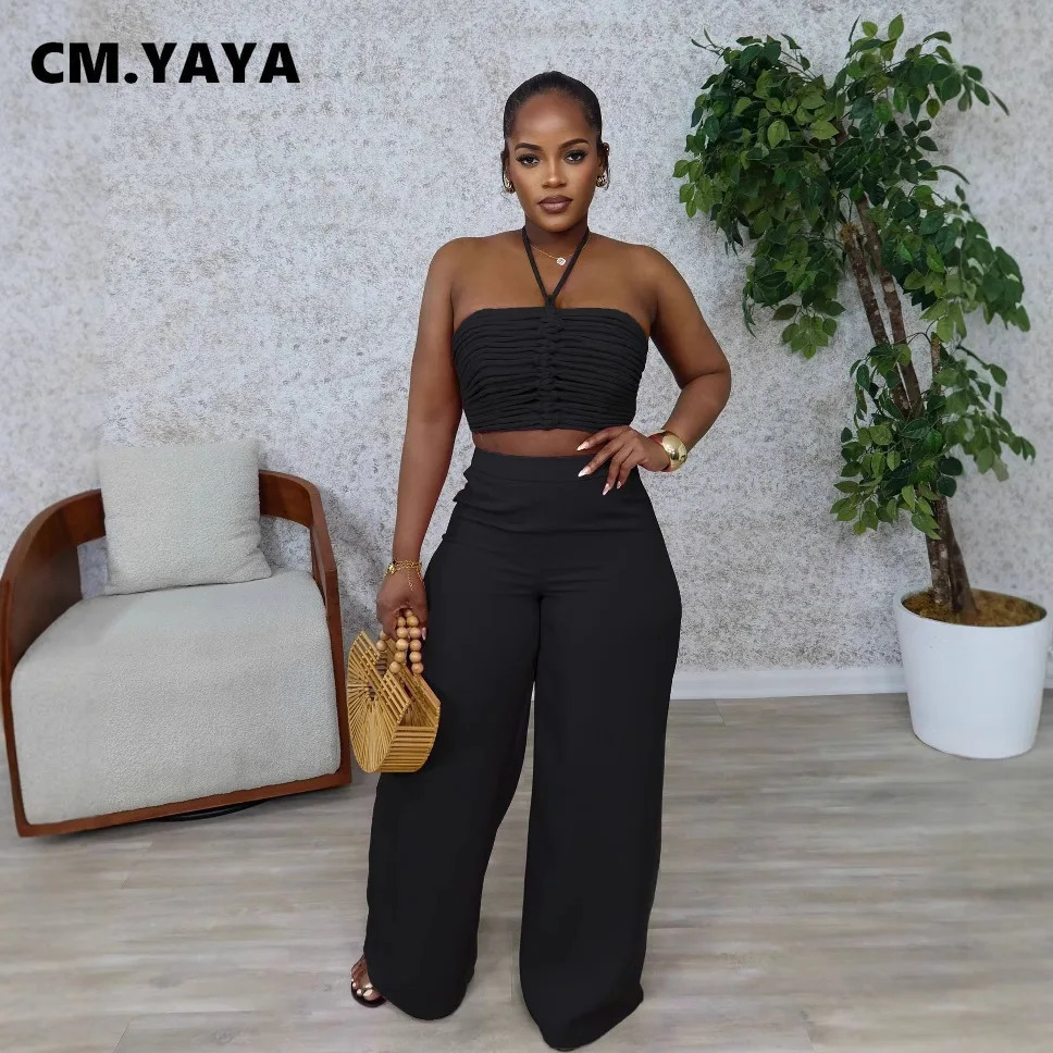 100% Cotton Womens Set Strapless Ruched Halter Top and Wide Leg Pants Suits Street Party Two 2 Piece Sets Outfits Tracksuit 250723