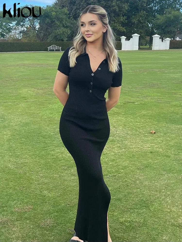 Kliou Elegant Office Lady Maxi Dres Solid Fashion Turndown Collar Short Sleeve Button Side Slit BodyShaping Street Robe 250717