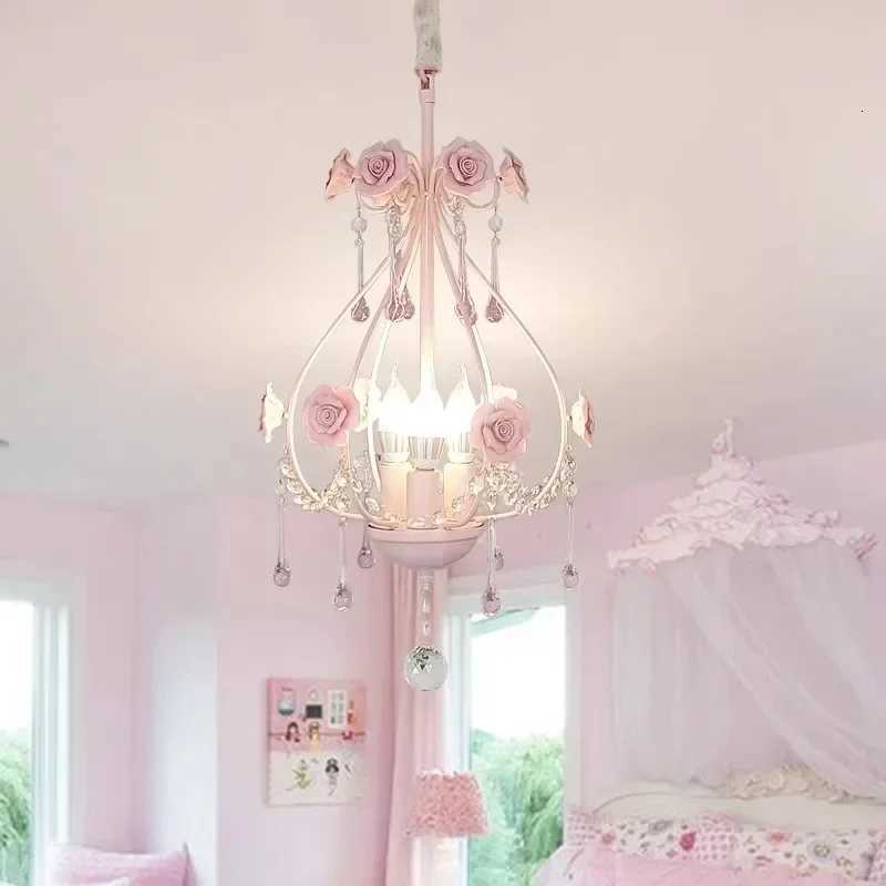 Pink Rose Bouquet Crystal Ceiling Chandelier Girls Bedroom Decorative Light Romantic Warm Children Princess Room Hanging Light XJ250725