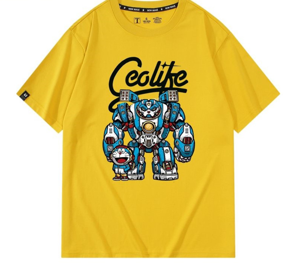 Doraemon Robot Cat Mobile Suit Gundam Collaboration Short Sleeve T-Shirt Pure Cotton Unisex Loose Fit Summer Couple Clothes 250726