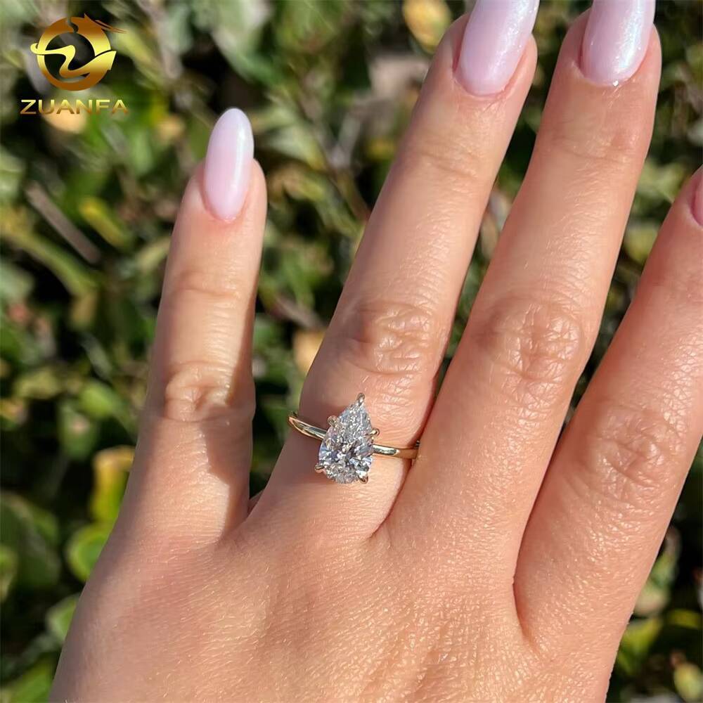 Zuanfa Real Yellow Gold Classical Bride Wedding Engagement Jewlery Lab Created Diamond Pear Cut Pear Cut Diamond Ring