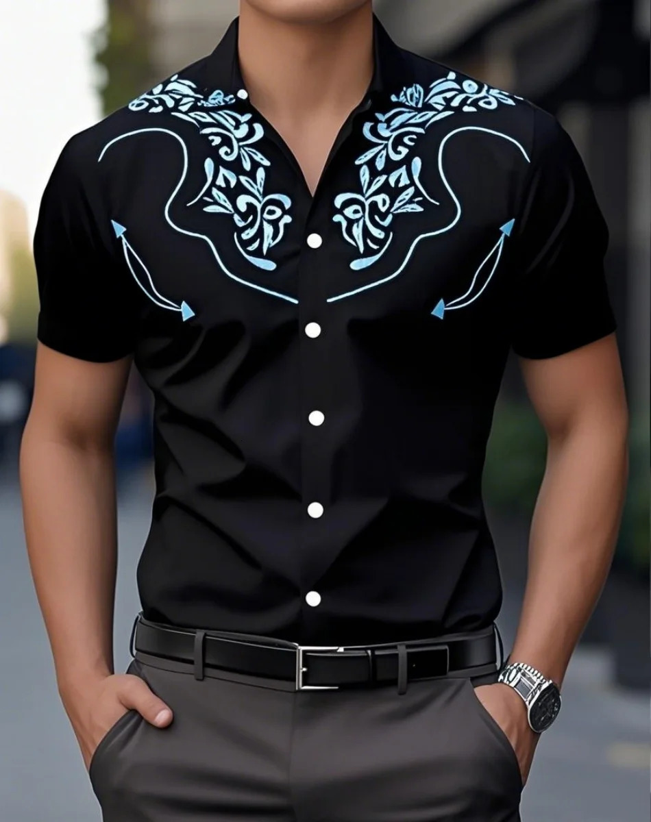 Mens 3D Retro Print Denim Shirt ShortSleeved Outdoor Street Fashion Classic Western 250725