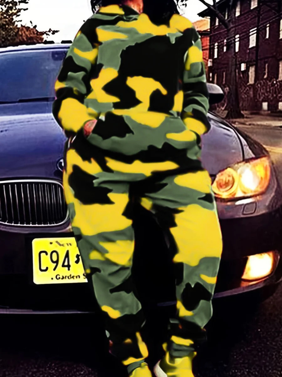 LW Plus Size Fashion Basic Women Autumn Winter Long Sleeve Hooded Collar Camo Print Kangaroo Pocket Tracksuit Sportswear Set 250717