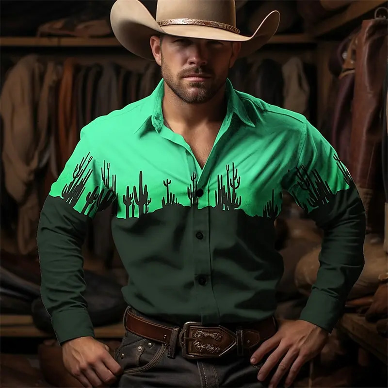 Cactus denim retro westernstyle mens Westernstyle shirt outdoor street casual daily autumn and winter lapel longsleeved shir 250725