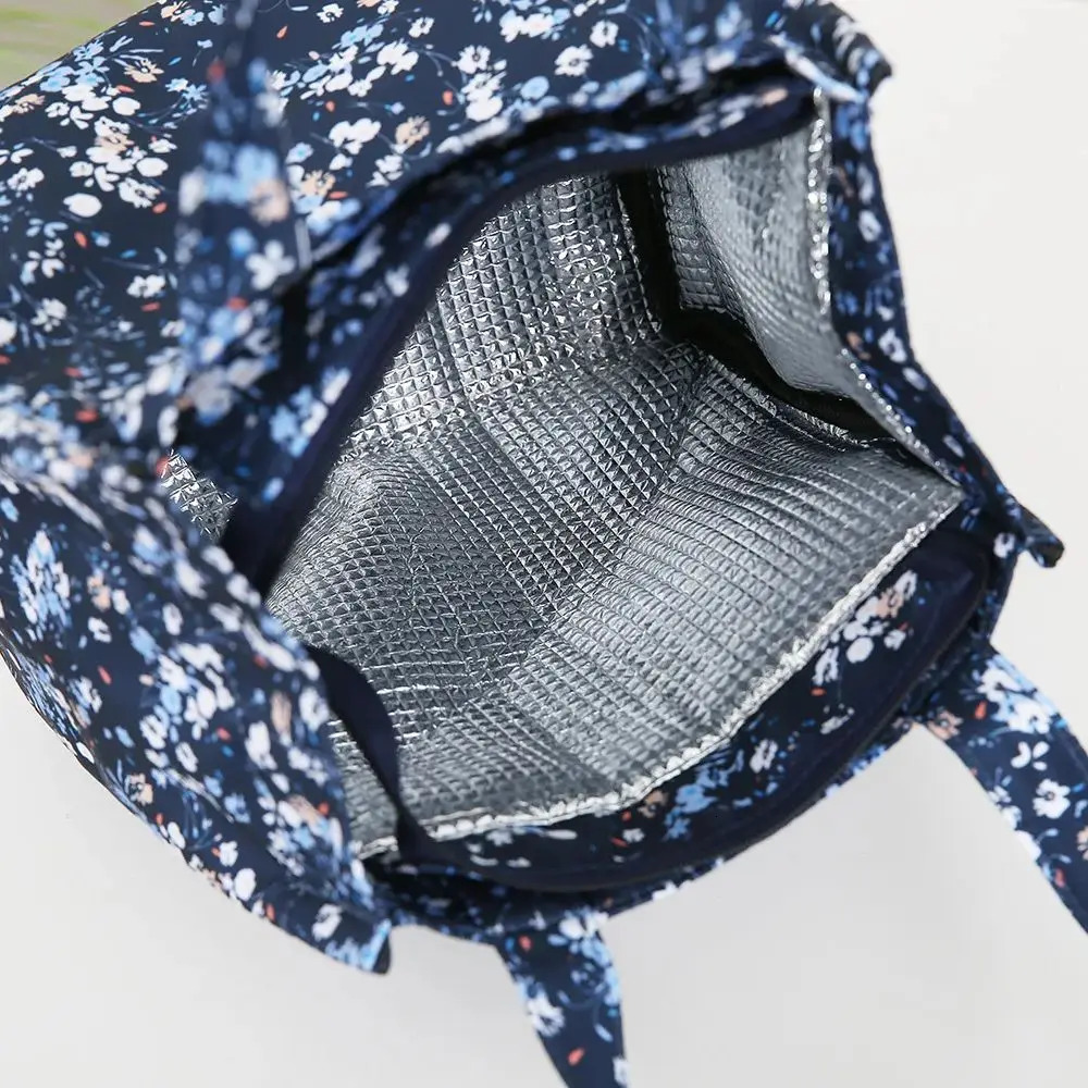 floral-printed handbag with a zipper semi-closed work lunch box bag with aluminum foil insulation inside 250723