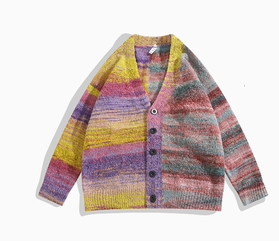 Autumn New Lazy Style Rainbow Color Block Sweater Knitwear Couple Cardigan Jacket Trendy