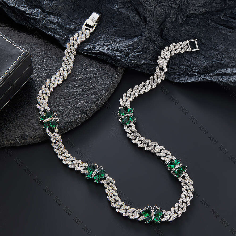 Butterfly Necklace Hip-Hop Jewelry Emerald Alloy Rhinestone High-End Versatile Electroplated Cuban Chain
