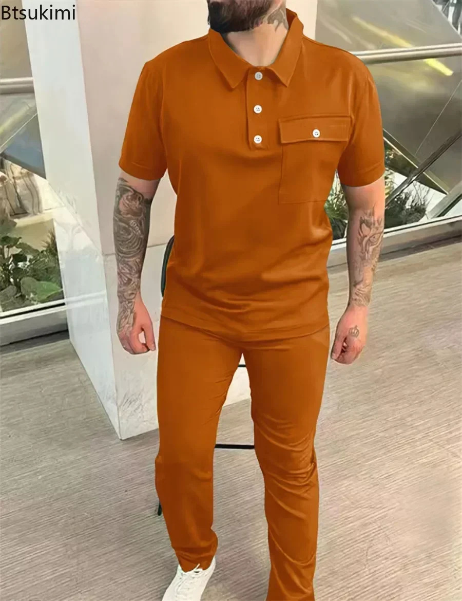 2025 Mens Casual Sport Sets 2PCS Short Sleeve Polo TShirtsPants Suits Sets Solid Spring Autumn Twopiece Tracksuit Mens Sets 250724