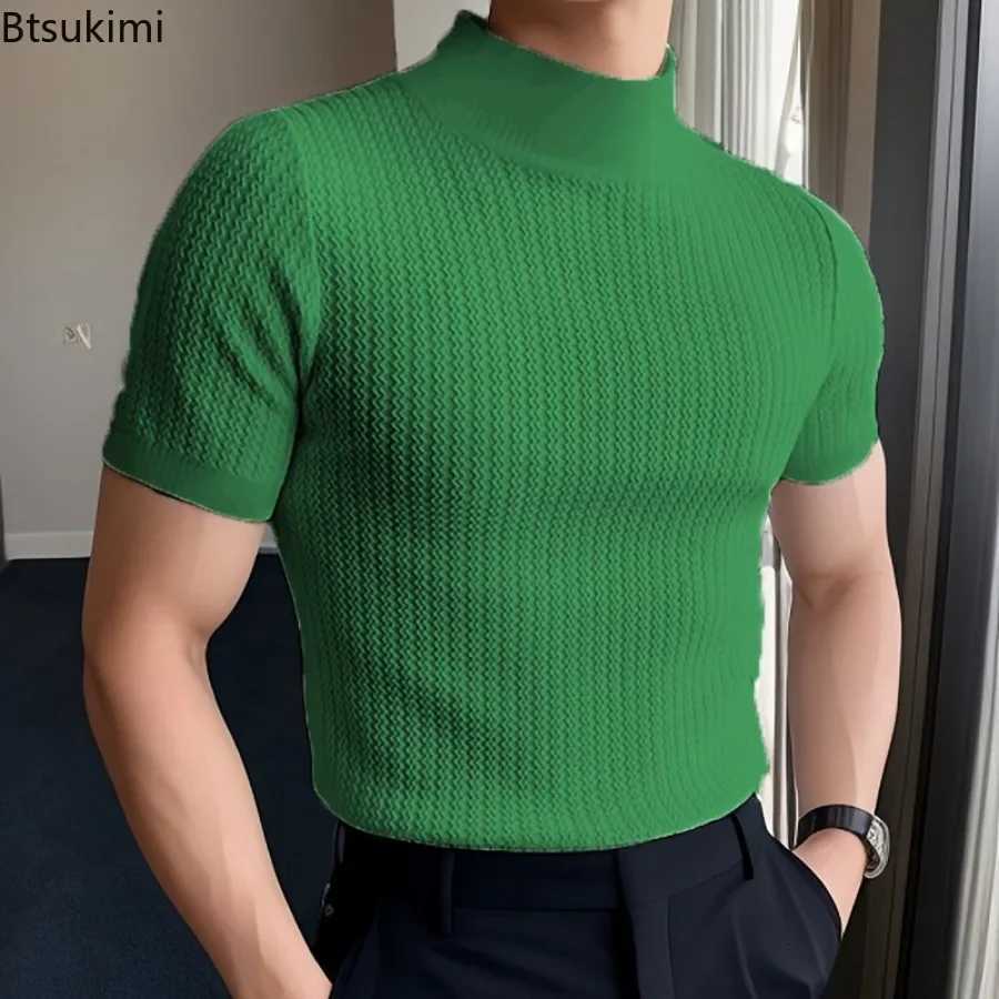 2025 Mens Summer Short Sleeve Ribbed T-Shirt Solid Half Turtleneck Slim Tee Tops Male Casual Basic Tshirt Pullover Shirts Men Z250725