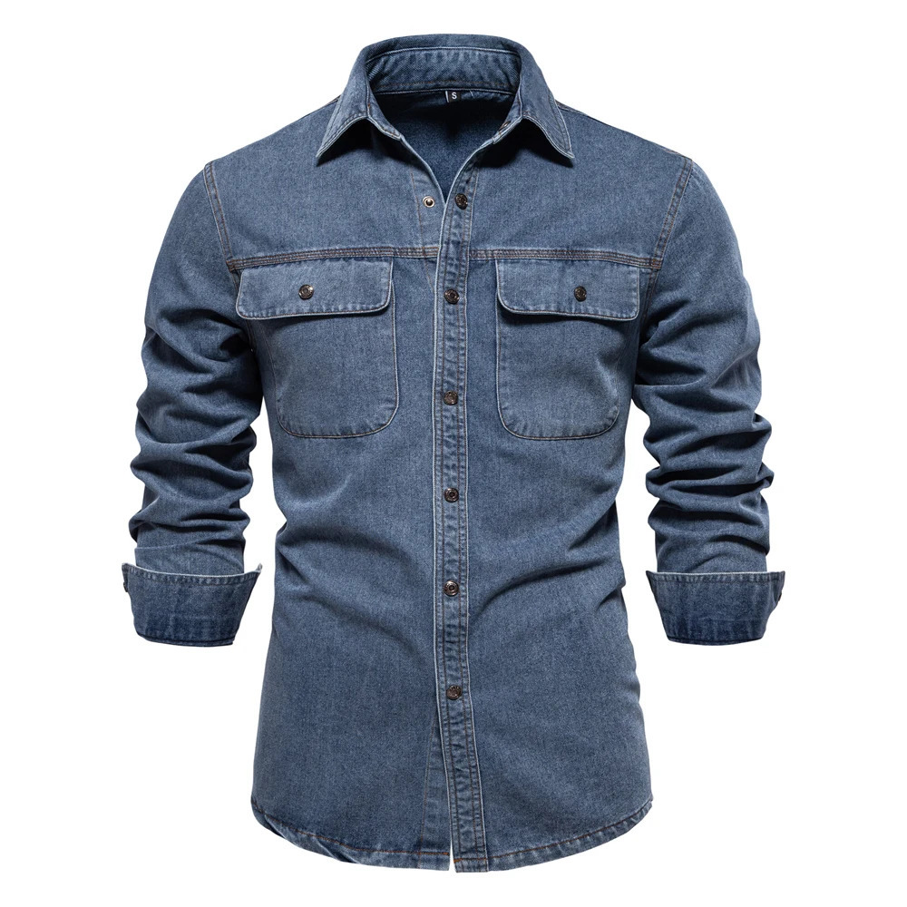 AIOPESON Mens 100 Cotton Denim Shirts Double Pocket Casual Cowboy Long Sleeve Autumn Jeans for Men 250725