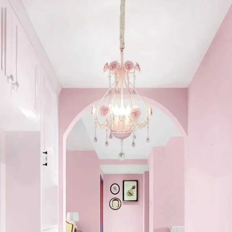 Pink Rose Bouquet Crystal Ceiling Chandelier Girls Bedroom Decorative Light Romantic Warm Children Princess Room Hanging Light XJ250725