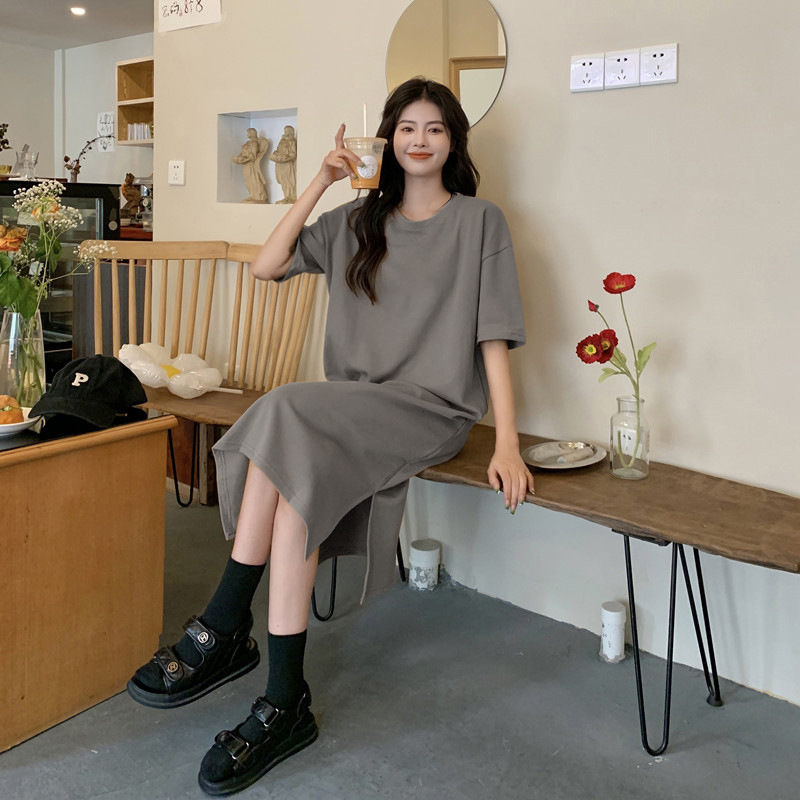 D82702 New large size short-sleeved casual dress for women in summer 2023 new loose solid color medium-length over the knee