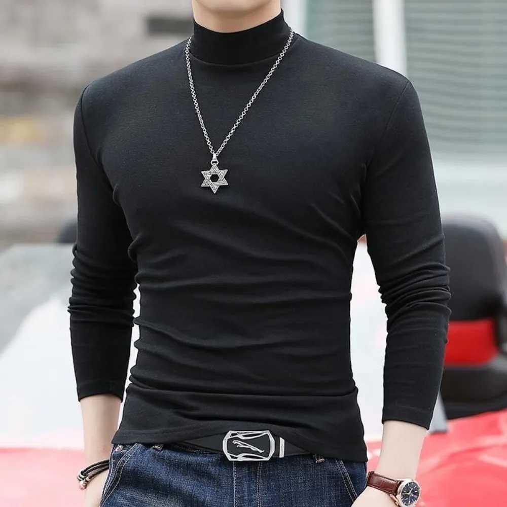 Korean Clothing Blouse Oversize Wear Casual Full Cotton Mens Turtleneck Base Shirt Simple Solid Color Long SLeeve Tops Tee Z250725