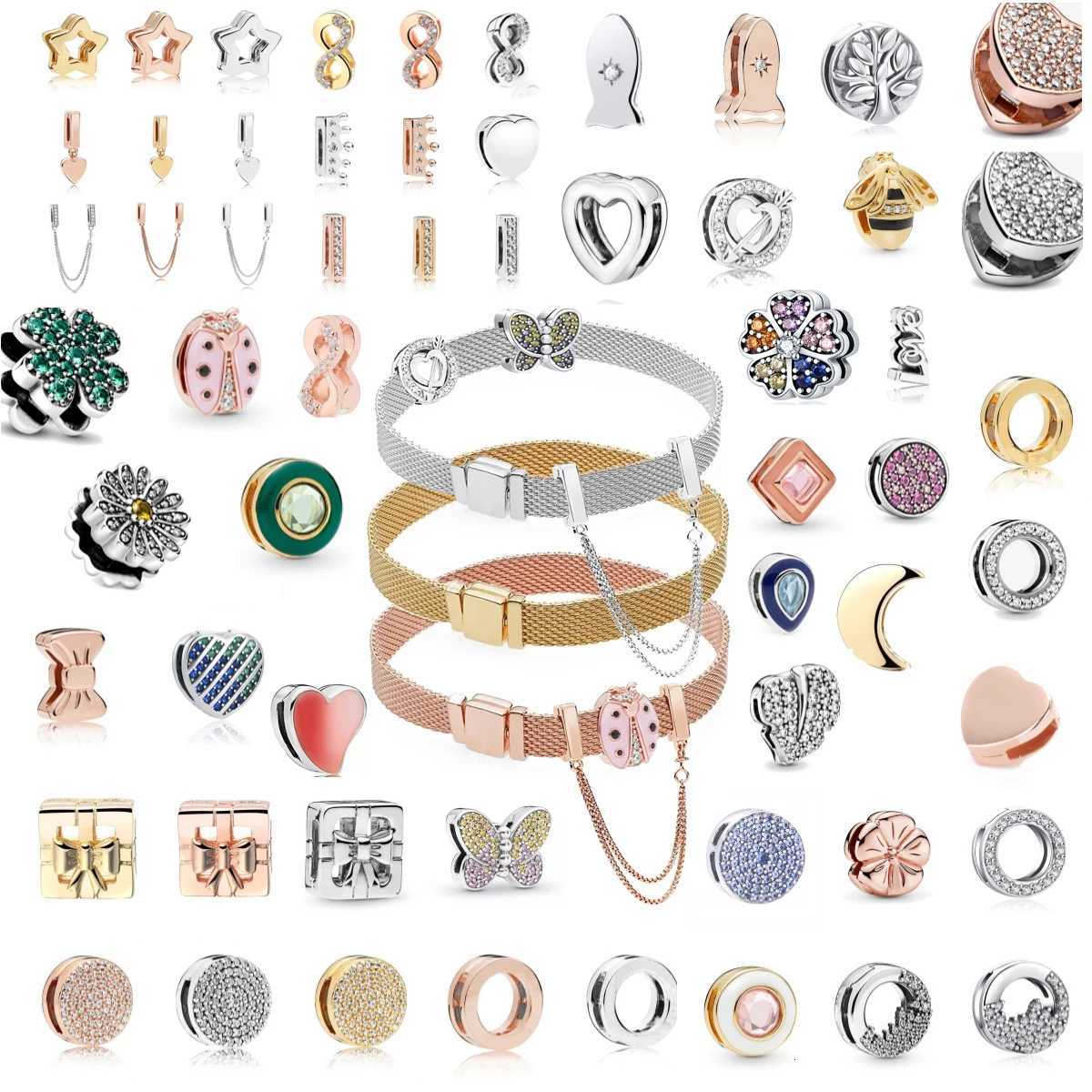 925 Silver Pave Reflexions Sparkling Clasp Bracelet Fit Clip Charms DIY Jewelry Gift Heart Round She - Charm XJ250726